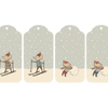 Set of four winter-themed gift tags with illustrations of a boy skiing and making a snowman.